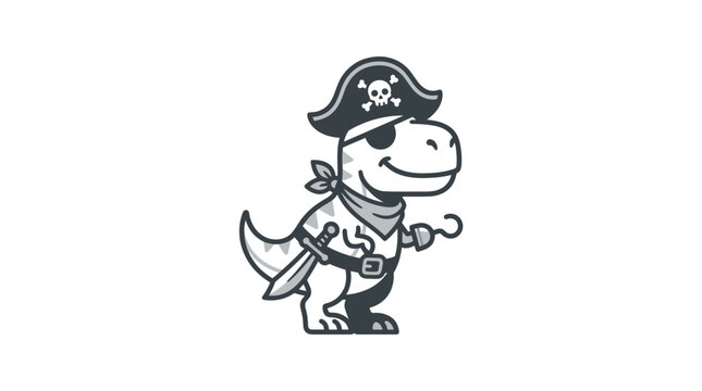 Cartoon T-rex pirate captain with hook and sword.