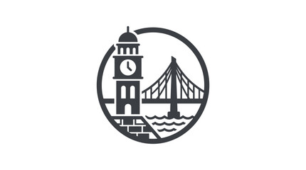 Naklejka premium Circular icon featuring a clock tower and bridge.