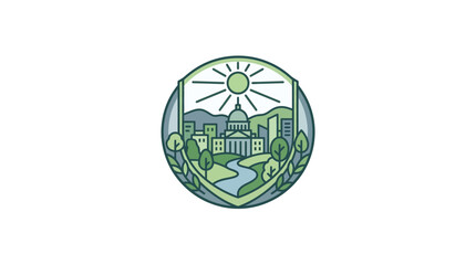 Obraz premium Circular green city landscape illustration with sun and river.