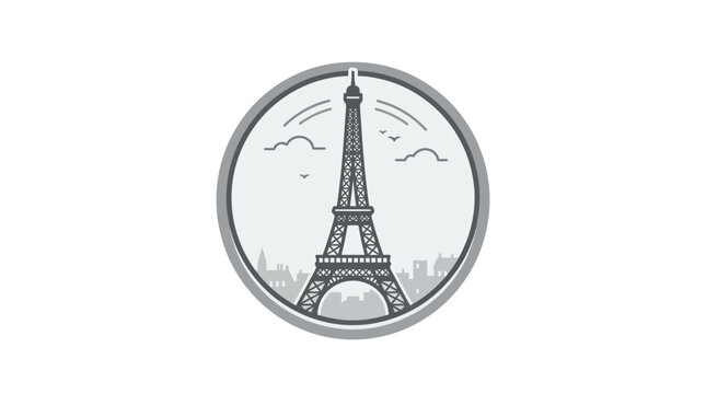 Circular Eiffel Tower badge with city skyline and clouds.