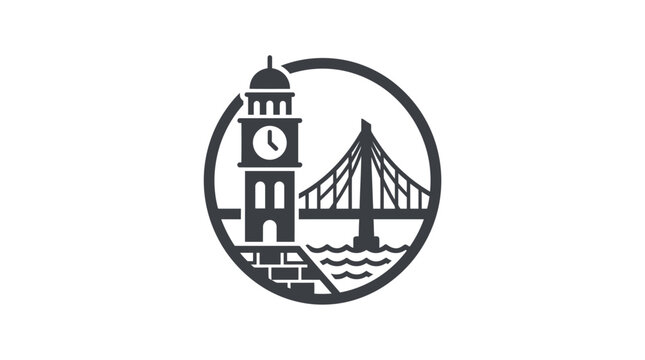Circular icon featuring a clock tower and bridge.
