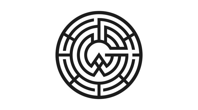 Circular maze labyrinth logo with center letter W.