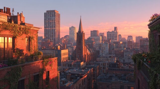 sunset cityscape with historic church and modern buildings