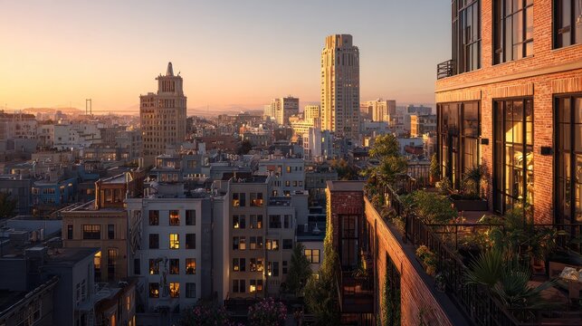 sunset cityscape with rooftop gardens