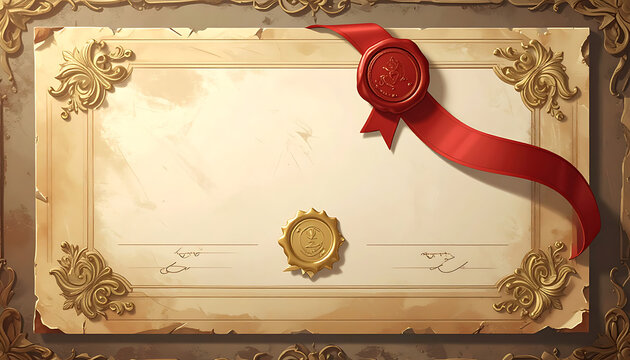 Ornate vintage blank certificate with red ribbon and wax seals, elegant award document border, prestigious achievement