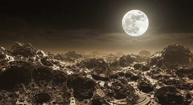 Alien terrain with full moon in night sky