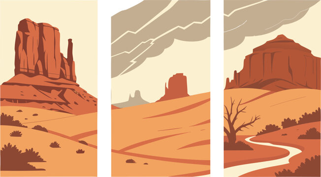Abstract desert landscape triptych of geological monoliths with landscape monolith triptych