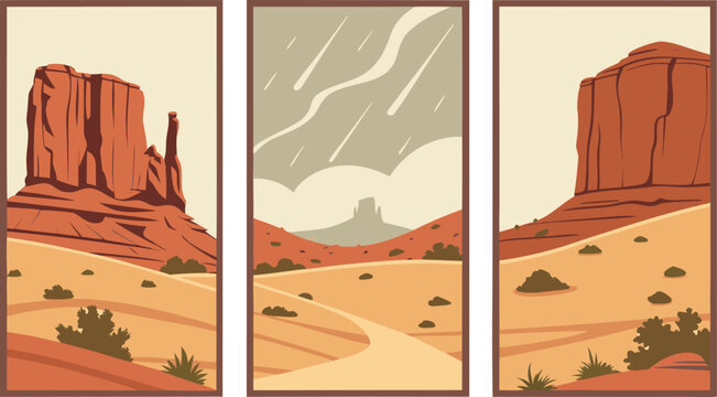Desert landscape triptych illustration with stone monoliths landscape monolith triptych panorama