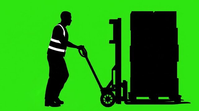 Silhouette of a warehouse worker pushing a pallet jack full of boxes video greenscreen