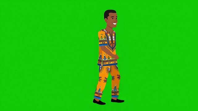 African Man Walking in Traditional Dashiki Attire on Green Screen Background
