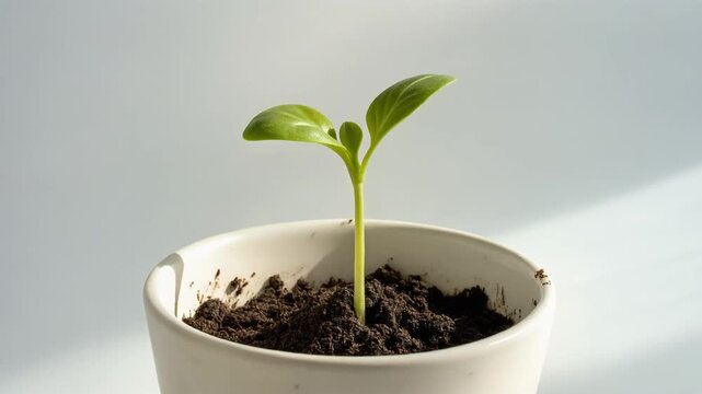 Small Green Seedling Sprouting from Dark Soil in Ceramic Bowl Concept of Growth