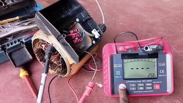 A megger tester showing a healthy 0.300 Giga Ohms reading after successfully sun-drying a washed electric motor's stator coil.