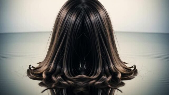 Symmetrical dark brown hair splayed on water surface with reflection