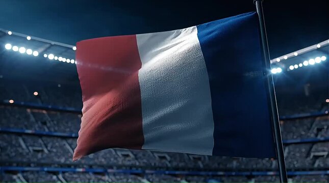 The French national flag waves proudly in the wind against a backdrop of a brightly lit sports stadium at night. Ideal for international sports coverage or patriotic news segments.
