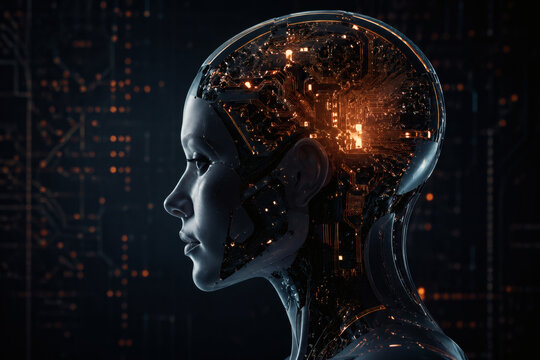 Cinematic profile view of futuristic humanoid robot with illuminated circuit brain, neon orange glow, dark background with subtle grid texture, evoking innovation and artificial intelligence concept