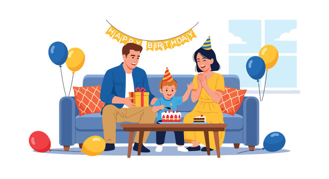 Flat style vector illustration of family celebrating birthday party with cake and balloons in living room, joyful bonding and celebration concept