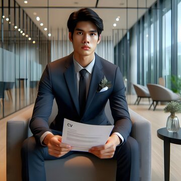Young Asian businessman in a suit holding a CV in a modern office setting.