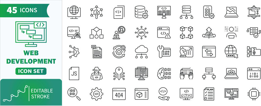 Web development icon set with editable stroke. Set of 45 line icons representing software, coding, data, and technology