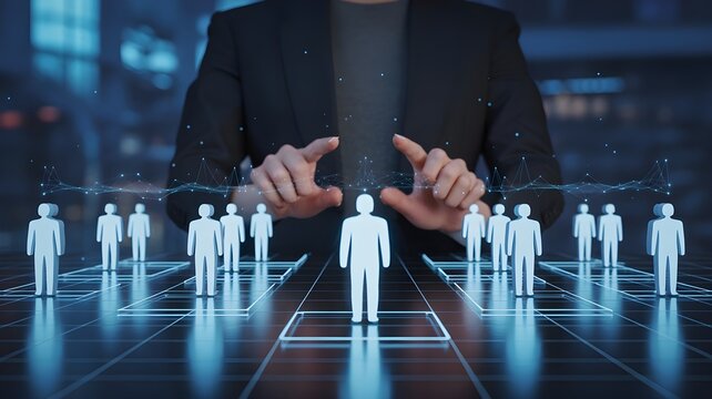 Big data population analysis with glowing human icons in segmented zones, digital connections and holographic displays above hands in a futuristic cyber technology setting.