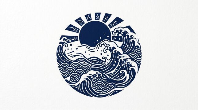Stylized round badge design with sun rising over traditional japanese waves