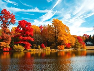 Obraz premium Vibrant autumn trees reflected in a calm lake under a blue sky