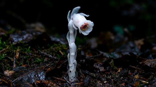 A single white ghostly monotropa uniflora plant growing on the dark forest floor.