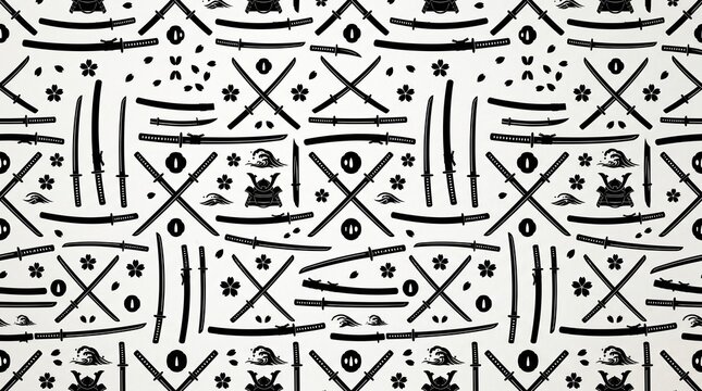 Seamless pattern of japanese samurai swords and helmets with samurai gear