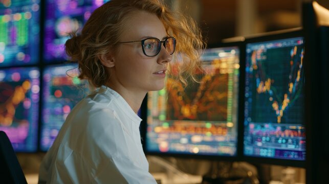 Female Financial Trader Monitoring Stock Market Data on Multiple Monitors