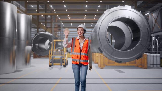 Front View of Asian Female Engineer Waving Hand Saying Bye While Walking at Heavy Factory with Large Turbine Components