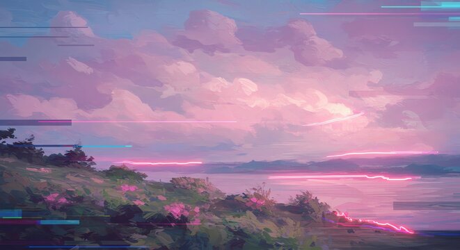 Digital landscape with pink sunset and glitch effects