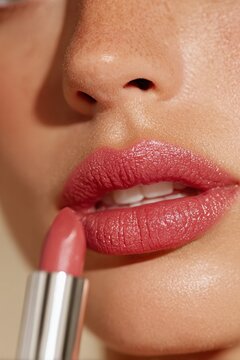 close-up of lips applying lipstick