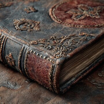 ancient leather-bound book with intricate designs