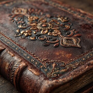 ancient leather-bound book with intricate designs