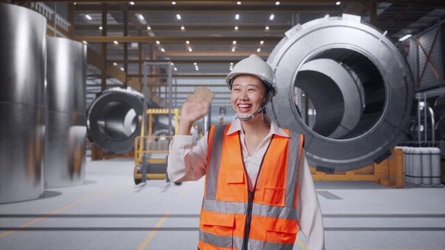 Front View of Asian Female Engineer Waving Hand Saying Bye While Walking at Heavy Factory with Large Turbine Components