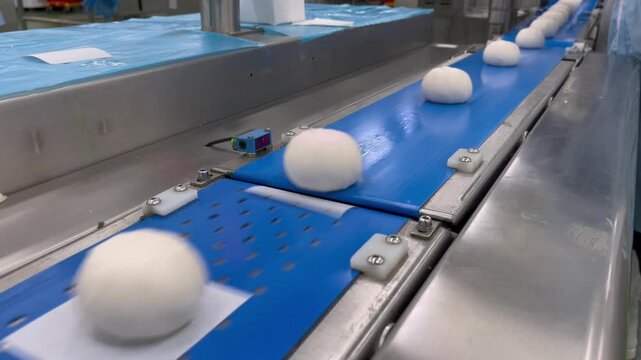 Automated steamed bun production line forming dough products during food manufacturing. Industrial food processing equipment supporting continuous production and quality consistency.