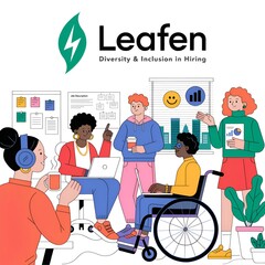 Naklejka premium Diverse team discussing hiring strategy with Leafen logo, diversity & inclusion in workplace