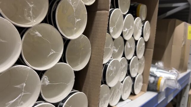 Disposable Paper Cups Wrapped in Plastic Film on Warehouse Store Shelf &mdash; Slow Motion Tracking Shot | White Stackable Single Use Cups Bulk Supply