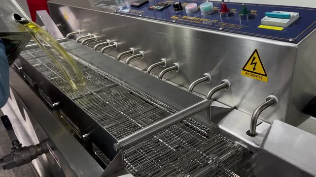 Cooking oil being added to an industrial conveyor fryer before food production. Equipment preparation process supporting continuous frying operations, food manufacturing, and large-scale food processi