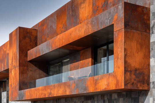 rusty modern building exterior with glass balcony