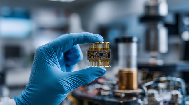 Scientist holding quantum computing chip in gloves