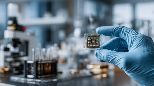 Quantum researcher carefully examining processor chip