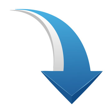 3D blue arrow pointing down on white background