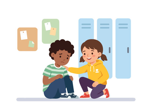 Caring school child comforting a classmate in the hallway, promoting empathy, kindness, emotional support, friendship, inclusion, and positive school culture