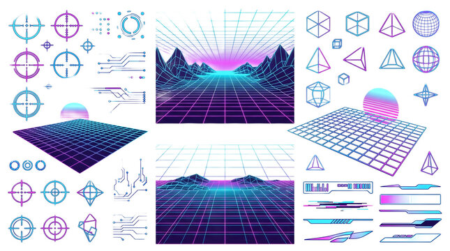 design math curves space game Retro, Futuristic, Vaporwave neon wireframe 3D landscape perspective grid matrix graphic bundle