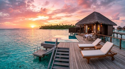 Fototapeta premium Overwater Bungalow Villa Sunset Turquoise Ocean Private Infinity Pool Tropical Paradise