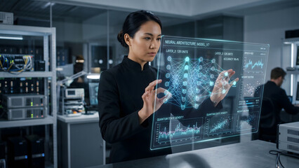 Obraz premium Female Scientist Analyzing Artificial Intelligence Neural Network Architecture on Holographic Screen in High Tech Data Center Lab