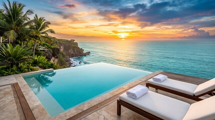 Fototapeta premium Hotel Infinity Pool Cliff Edge Ocean Sunset Turquoise Blue Sky No People Luxury Resort