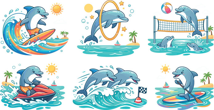 Cute Cartoon Dolphin Summer Vacation Activity Vector Sticker Set with Surfing, Jet Skiing, Playing Volleyball, and Jumping Through Hoops Beach Graphics
