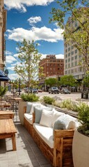 Fototapeta premium Outdoor patio seating area with city view
