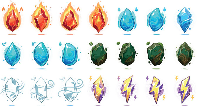 Fantasy Game Elemental Magic Crystal Icon Set Featuring Fire, Water, Earth, Air, and Lightning Resource Assets for Video Game UI Design